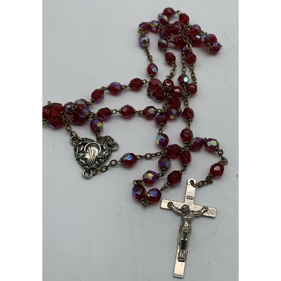 Vintage Mixed Lot Of 5 Glass Bead Rosaries Pink White Blue & Irredescent Red - Picture 8 of 16